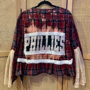 Handmade Reworked Philadelphia Phillies Boho Ruffled Flannel Top Size Large